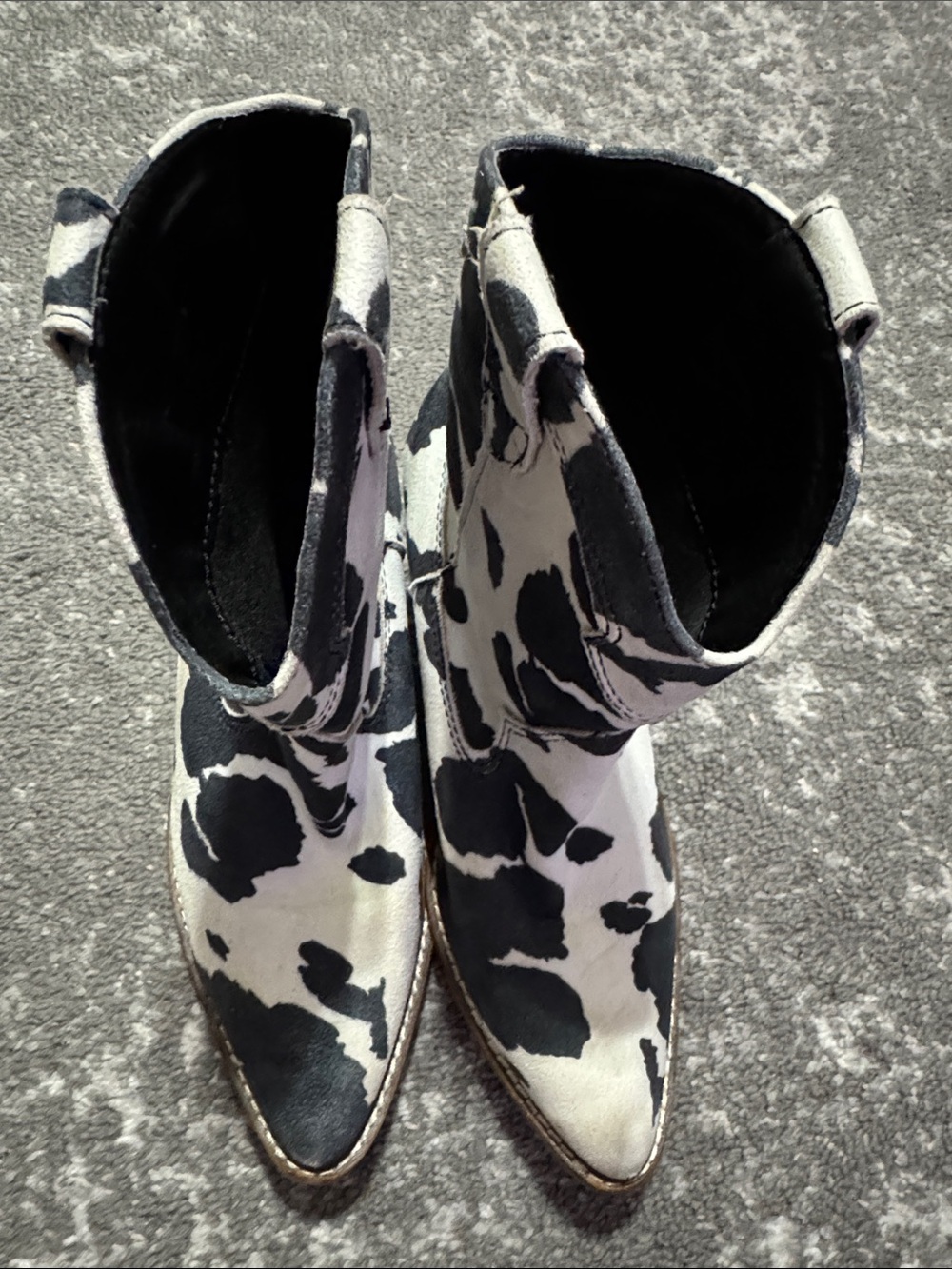Cow-Print Pointed Ankle Booties in Black & White